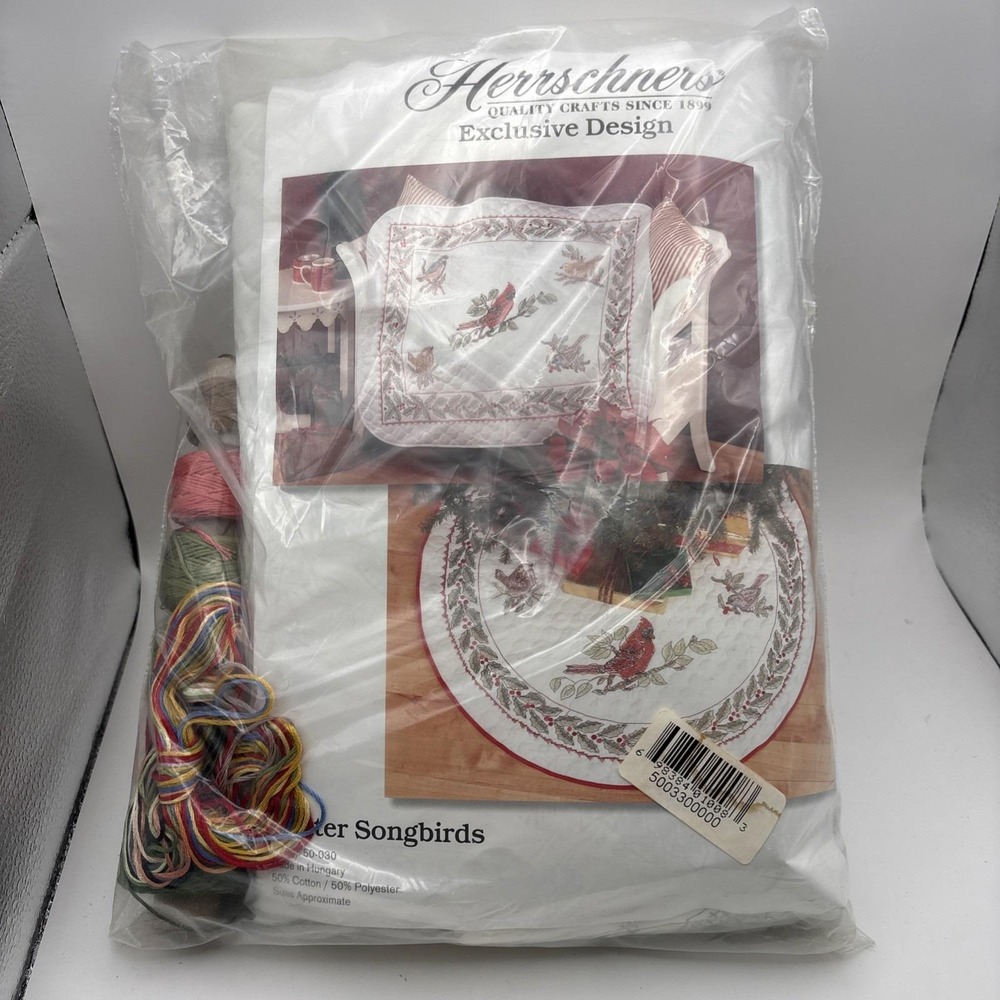 Vtg~Herrschners~Embroidered Quilt Top~Winter Songbirds~NIP~42"x32"